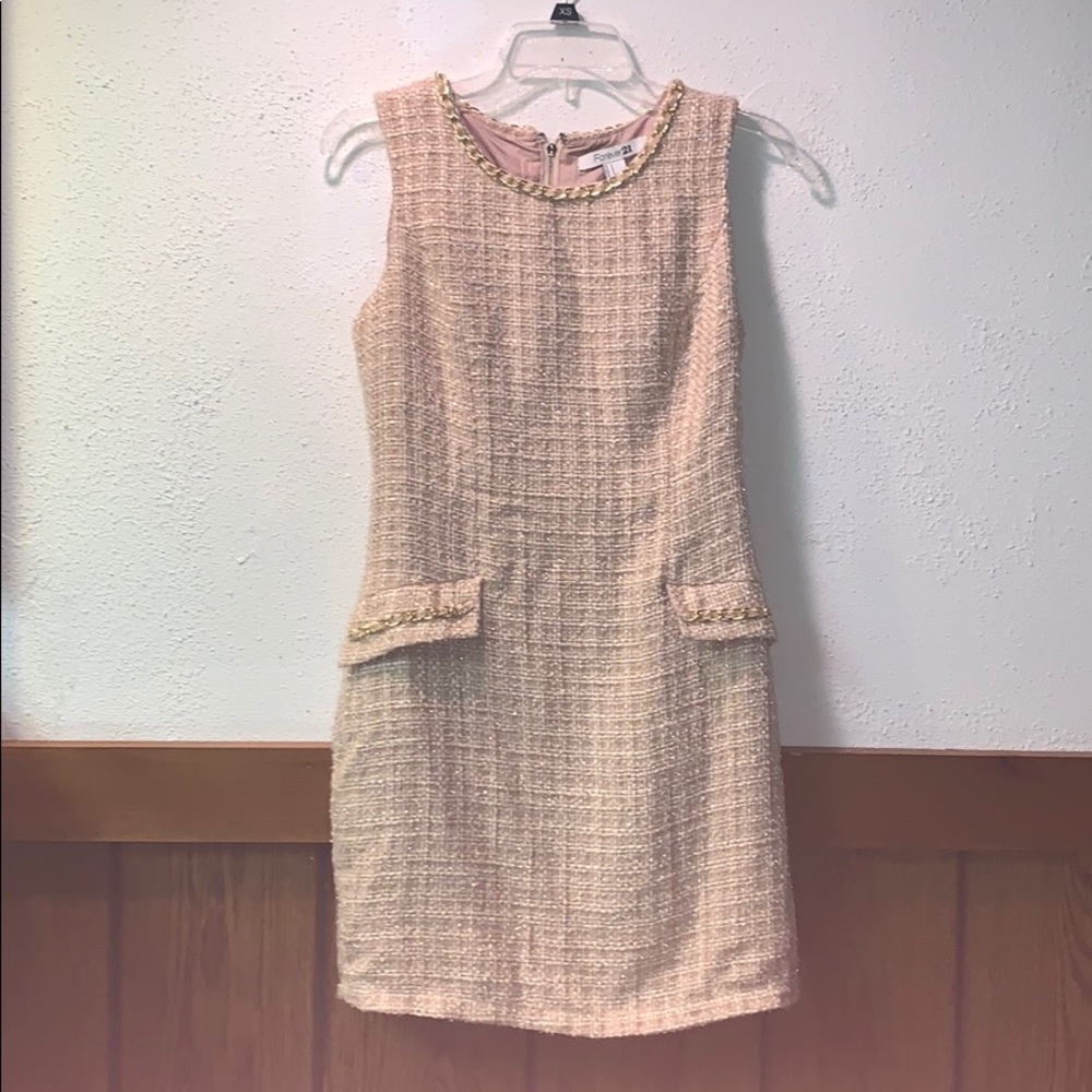 Sz S Forever21 Beige and Gold Tweed Cocktail Dress
